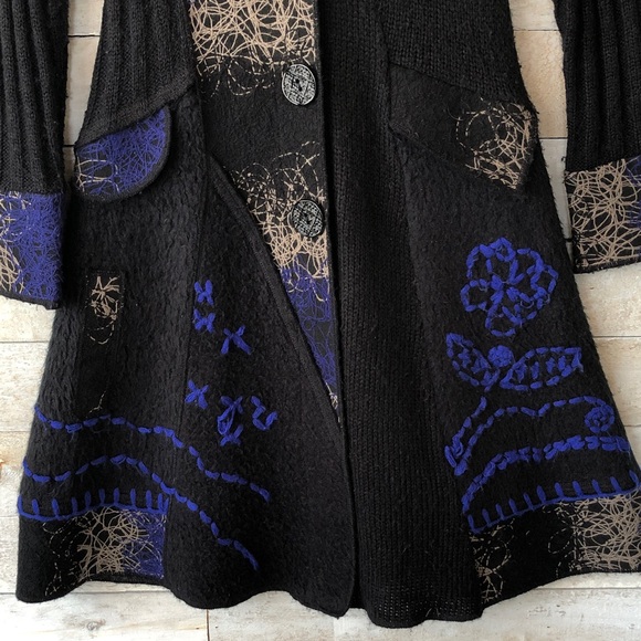 Faux fur collar flower embroidered cardigan duster - Picture 3 of 16